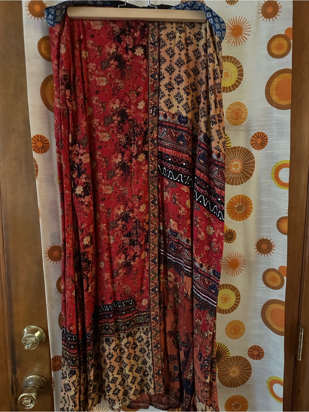Desigual Red and Tan Patchwork Floral Maxi Skirt
